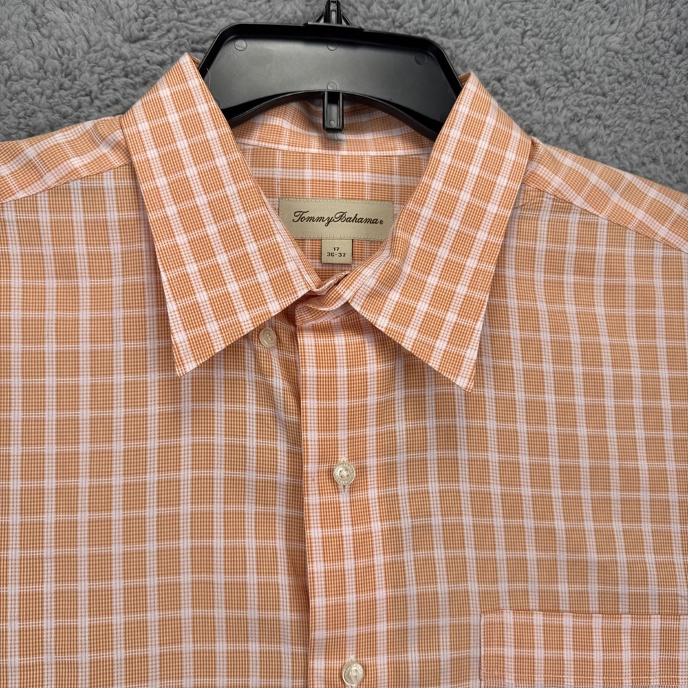 Tommy Bahama Mens 17-36/37 Dress Shirt Orange White Check L/S Spread Collar